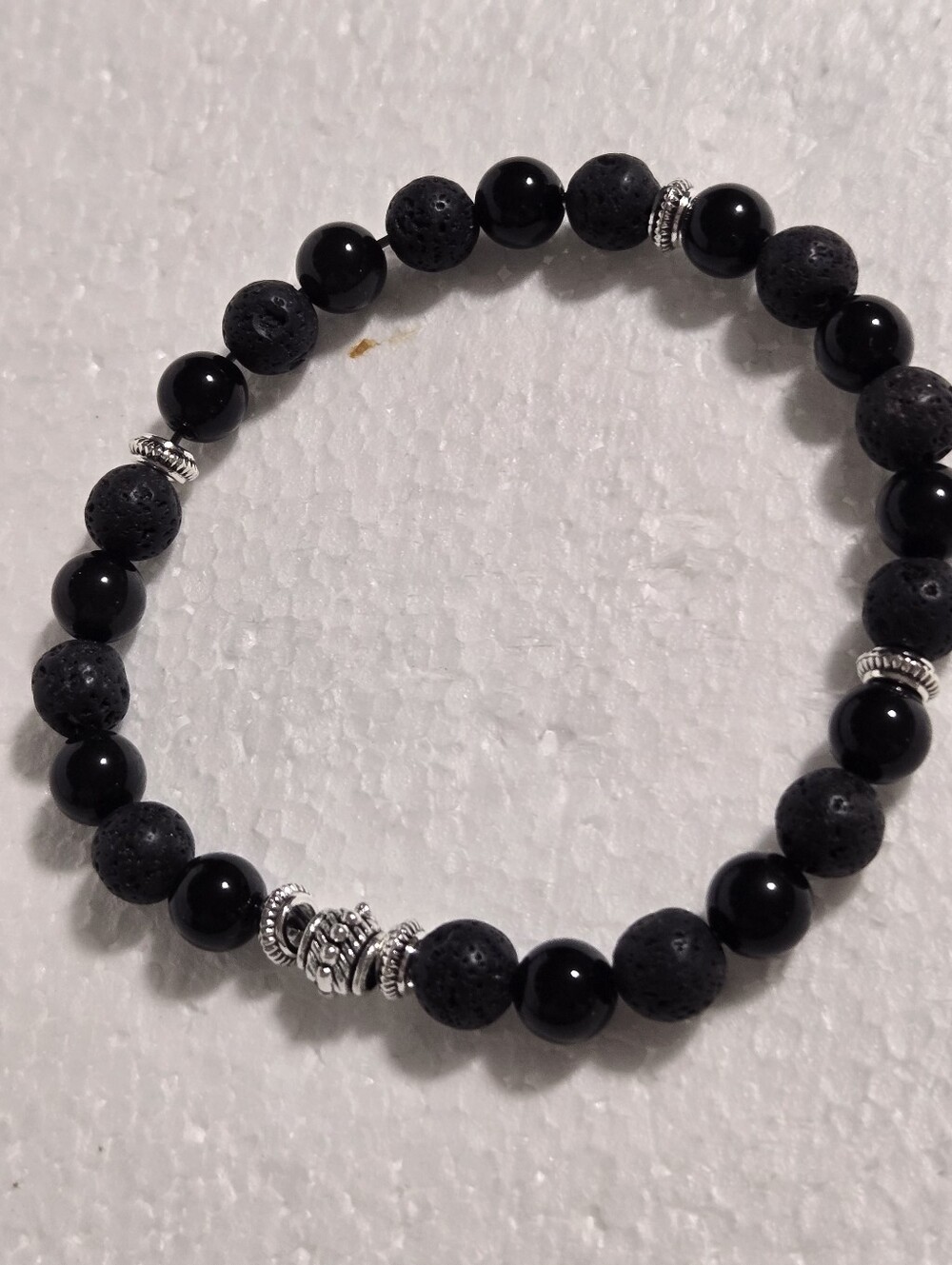 Handcrafted Black Bead Stretch Bracelet with Silver Accent Beads